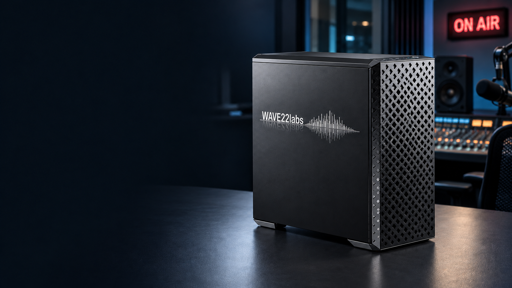 Wave22 Labs graphite captioning appliance with silver engraving, in a broadcast studio.