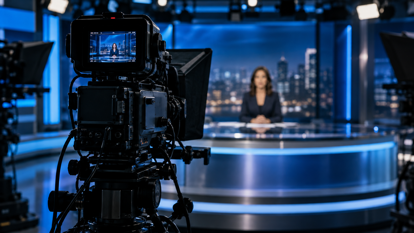 Broadcast camera framing a presenter in a blue-lit news studio.