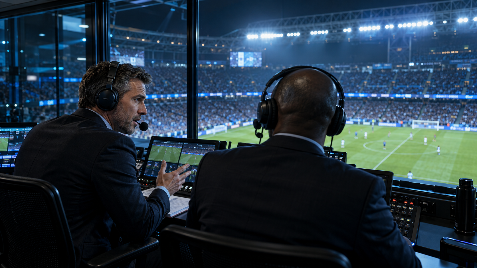 Commentators overlooking an illuminated football stadium.
