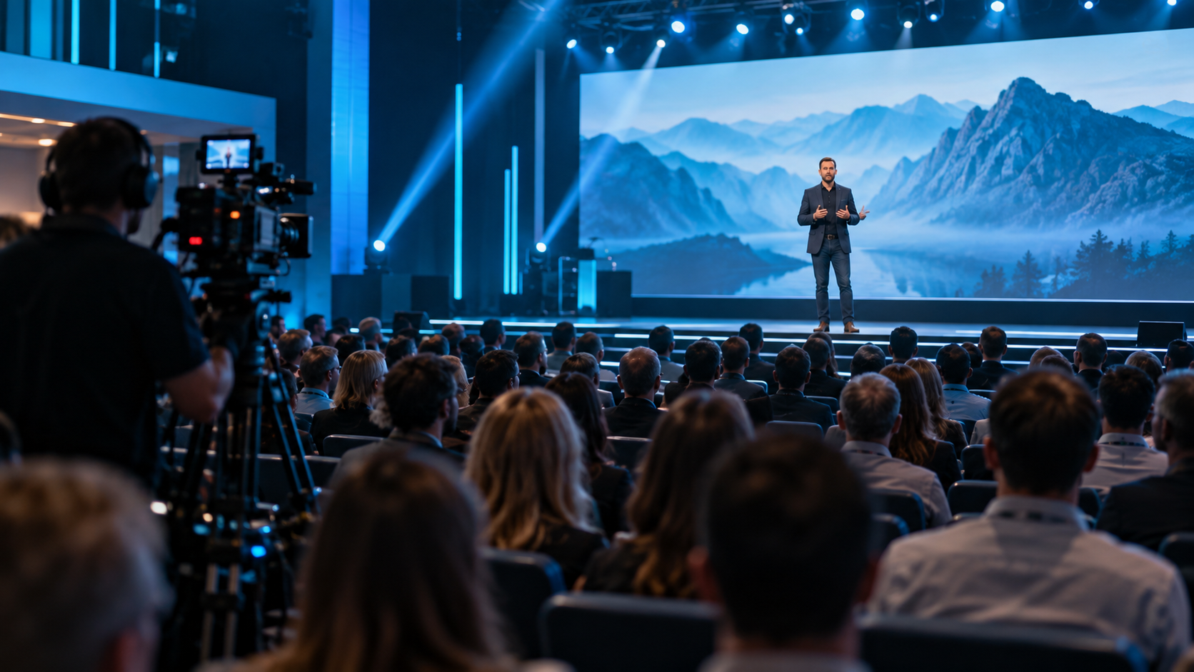 Speaker on a conference stage facing an audience.
