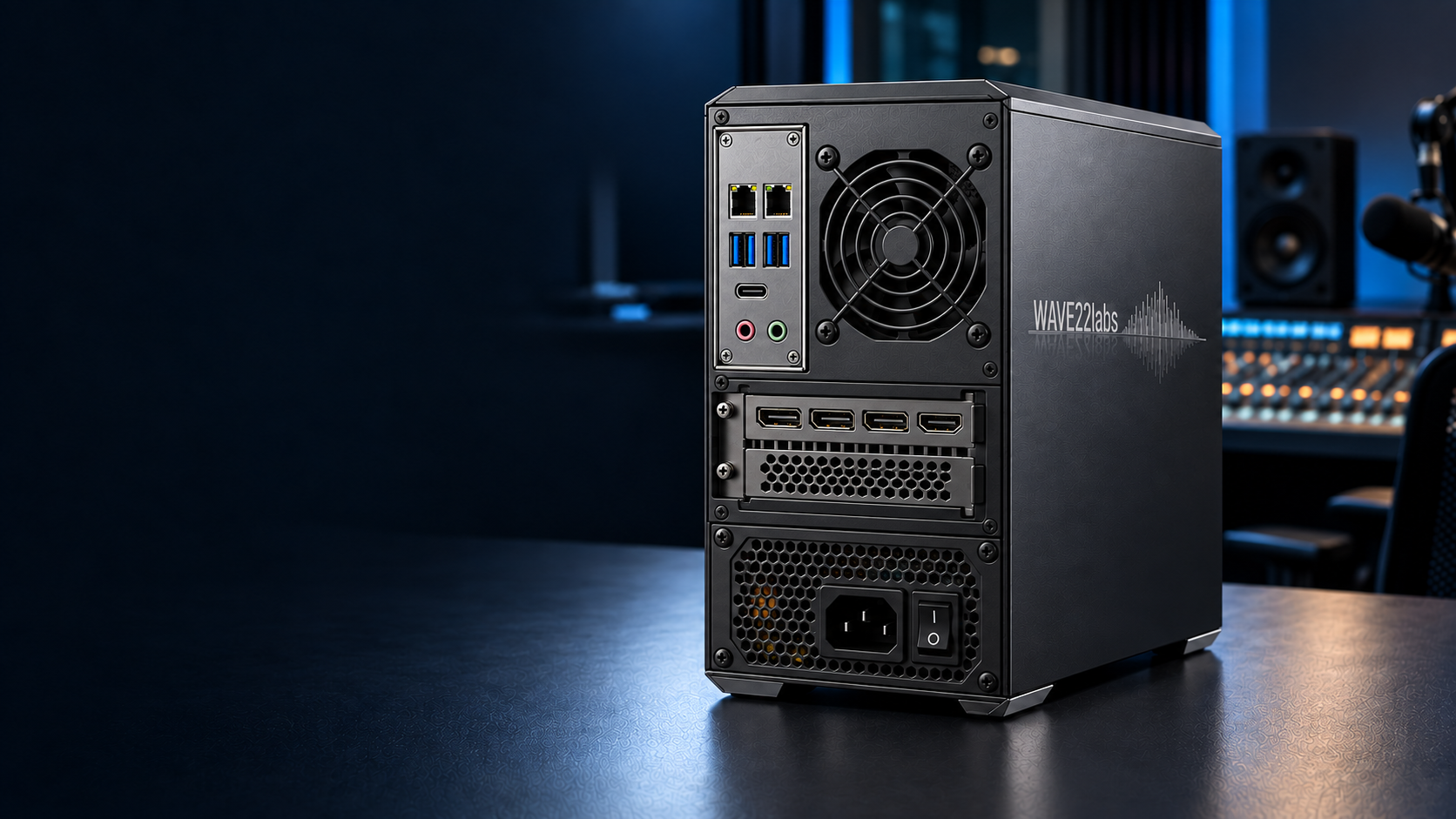 Rear design concept with a grouped motherboard I/O shield, two Ethernet ports, a separate graphics-card bracket, exhaust ventilation and power-supply inlet.